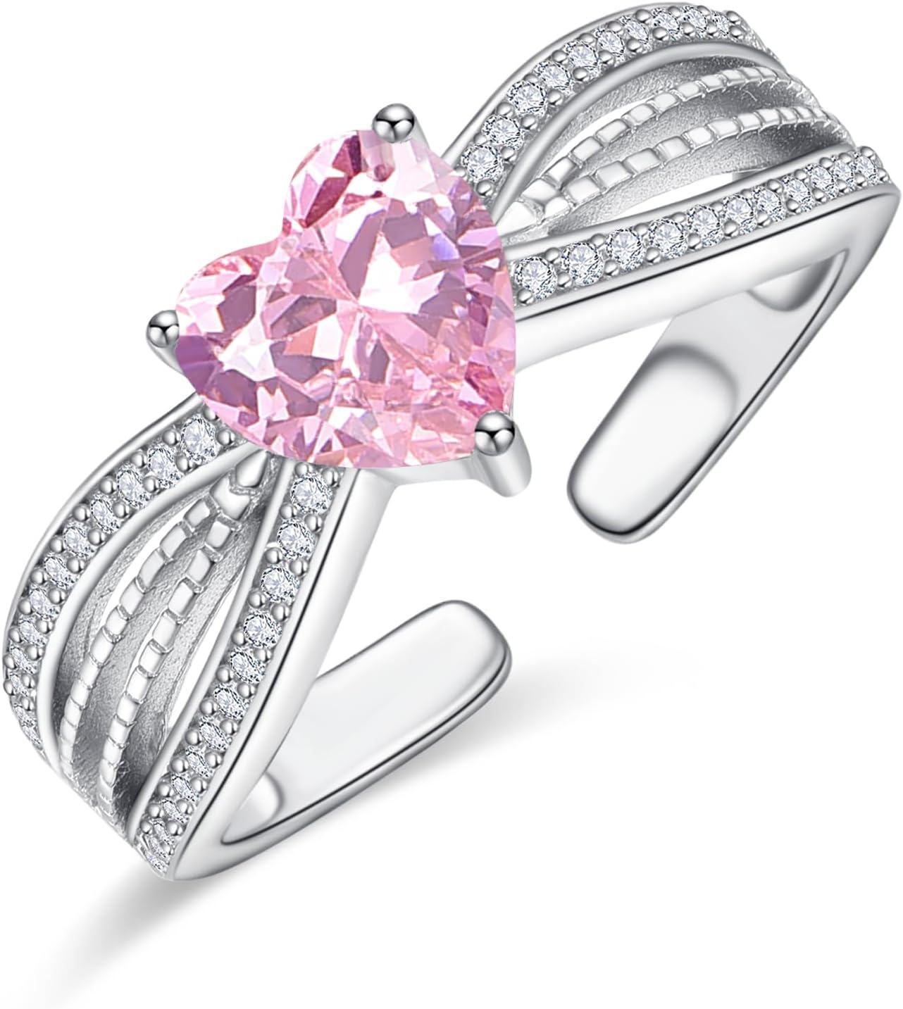 Sterling Silver CZ Heart Rings Adjustable Birthstone Jewelry Gift for Women Mom-October Birthstone