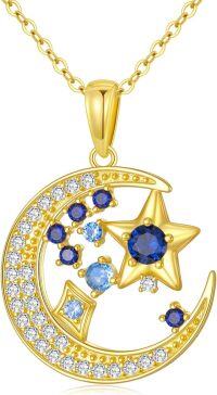wholesale 925 Sterling Silver Plated Gold- Crescent Moon & Star Blue Sapphire CZ Pendant Necklace 24 Chain-Moon-Gold