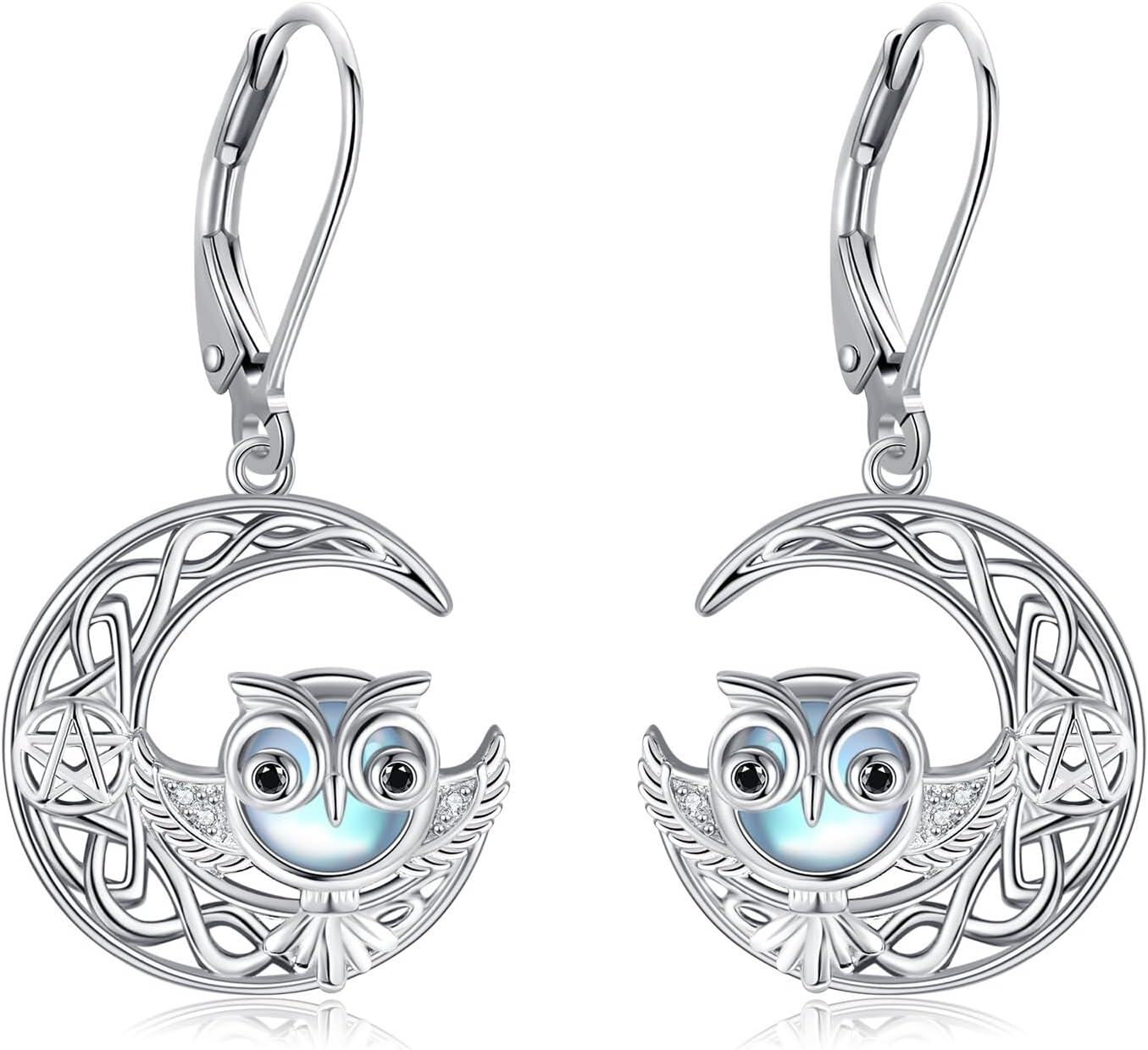 Sterling Silver Owl Dragonfly Butterfly Black Cat Hummingbird Dangle Earrings-Owl Earrings