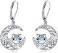 wholesale 925 Sterling Silver Moon Owl Drop Earrings with Blue Stone and Pentagram Design-0-0
