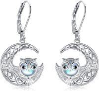 wholesale 925 Sterling Silver Moon Owl Drop Earrings with Blue Stone and Pentagram Design-Owl Earrings