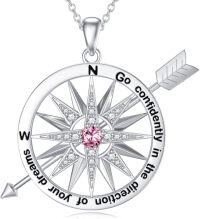 wholesale 925 Sterling Silver Pink Crystal Compass Pendant Necklace with Arrow Design and Inspirational Quote Go Confidently in the Direction of Your Dreams-03-Compass Necklace Non-custom