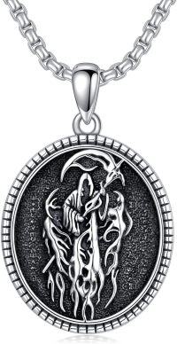 wholesale 925 Sterling Silver Grim Reaper Necklace with Black Enamel and Chain for Men Women Gothic-3-Santa Muerte