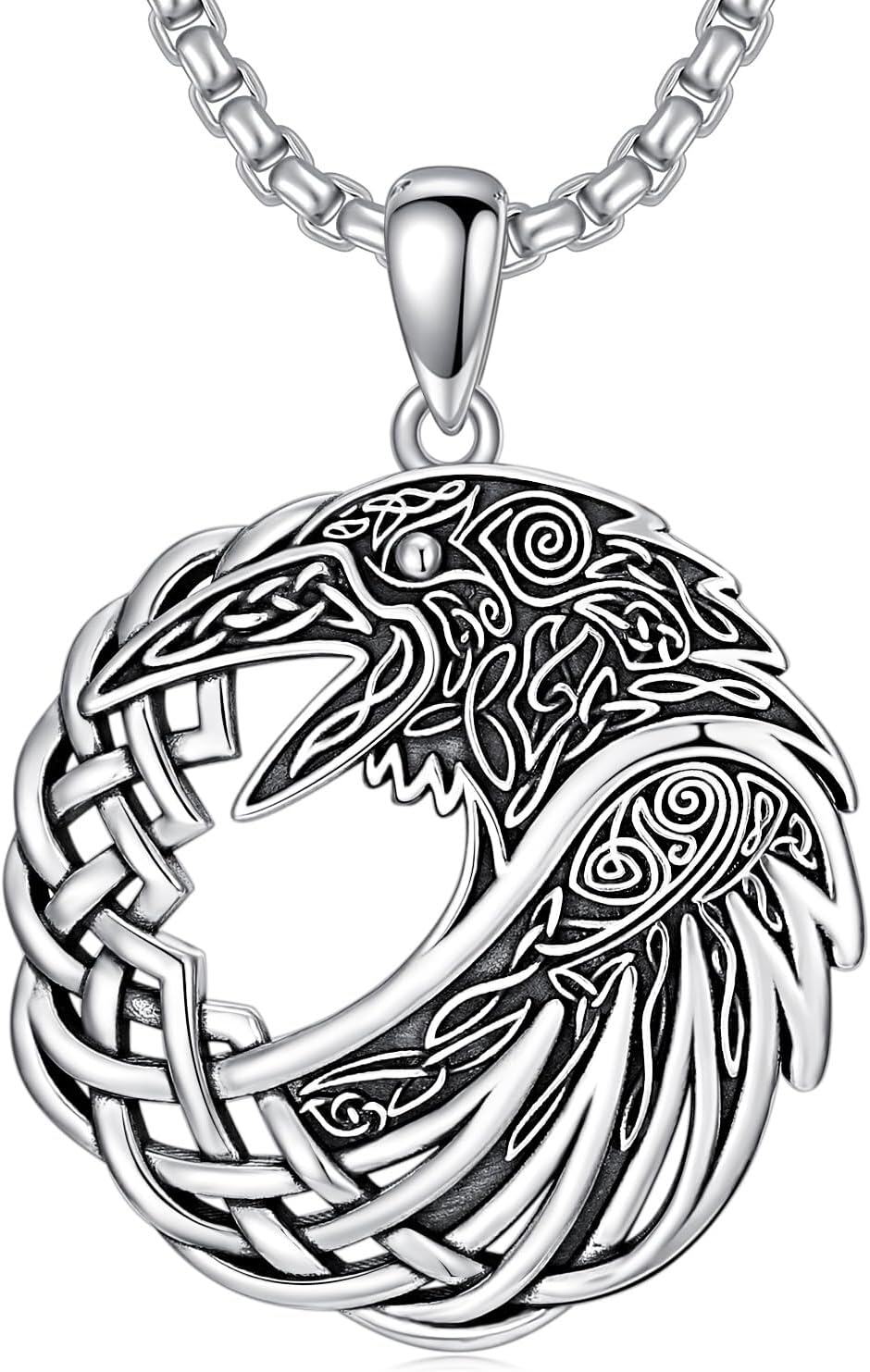 wholesale 925 Sterling Silver Raven Pendant Viking Necklace Norse Jewelry for Men with Stainless Steel Chain-0-0