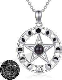wholesale 925 Sterling Silver Black Abalone Shell Moon Phases Star Pentacle Pendant Necklace for Women Girls  43cm Chain Length-100 Languages