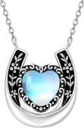 wholesale 925 Sterling Silver Heart-Shaped Moonstone & Black Enamel Lucky Horseshoe Pendant Necklace-0-0