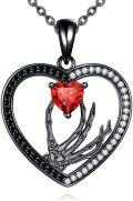 wholesale 925 Sterling Silver & Red Zirconia Skeleton Hand Necklace with Heart Skull Pendant Gothic Jewelry Gift-0-0