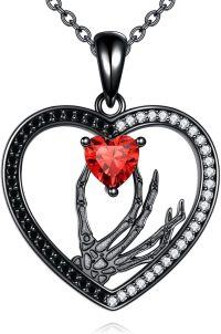 wholesale 925 Sterling Silver & Red Zirconia Skeleton Hand Necklace with Heart Skull Pendant Gothic Jewelry Gift-Skeleton Hand Heart