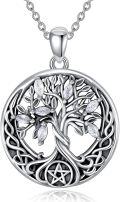 wholesale 925 Sterling Silver Round Black Onyx Tree Of Life Pentagram Necklace for Women Girls Gifts 48cm Chain Length-0-0
