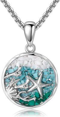 wholesale 925 Sterling Silver Round Pendant with Turquoise and Coral Beads Necklaces for Women & Girls Gifts 43cm Chain Length (Turquoise)-Starfish