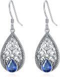 wholesale 925 Sterling Silver with Teardrop Birthstone Vintage Filigree Earrings – 7.5mm Pear Cut Gemstone, Oxidized Finish, 40mm-0-0