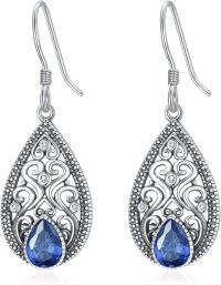 wholesale 925 Sterling Silver with Teardrop Birthstone Vintage Filigree Earrings – 7.5mm Pear Cut Gemstone, Oxidized Finish, 40mm-09-Sapphire-Blue