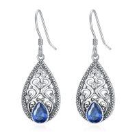 wholesale 925 Sterling Silver Vintage Filigree Teardrop Blue Cubic Zirconia Drop Earrings For Women-09-Sapphire-Blue