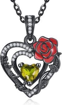 wholesale 925 Sterling Silver Red Rose Black Heart Birthstone Necklace for Women-08 Aug - Peridot