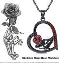wholesale 925 Sterling Silver Blackened Skeleton Hand with Red Rose Heart Pendant Gothic Necklace-0-1