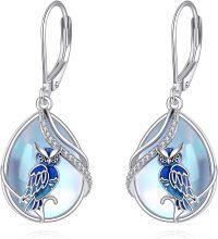 wholesale 925 Sterling Silver Blue Moonstone Owl Dangle Drop Earrings for Women-owl earrings
