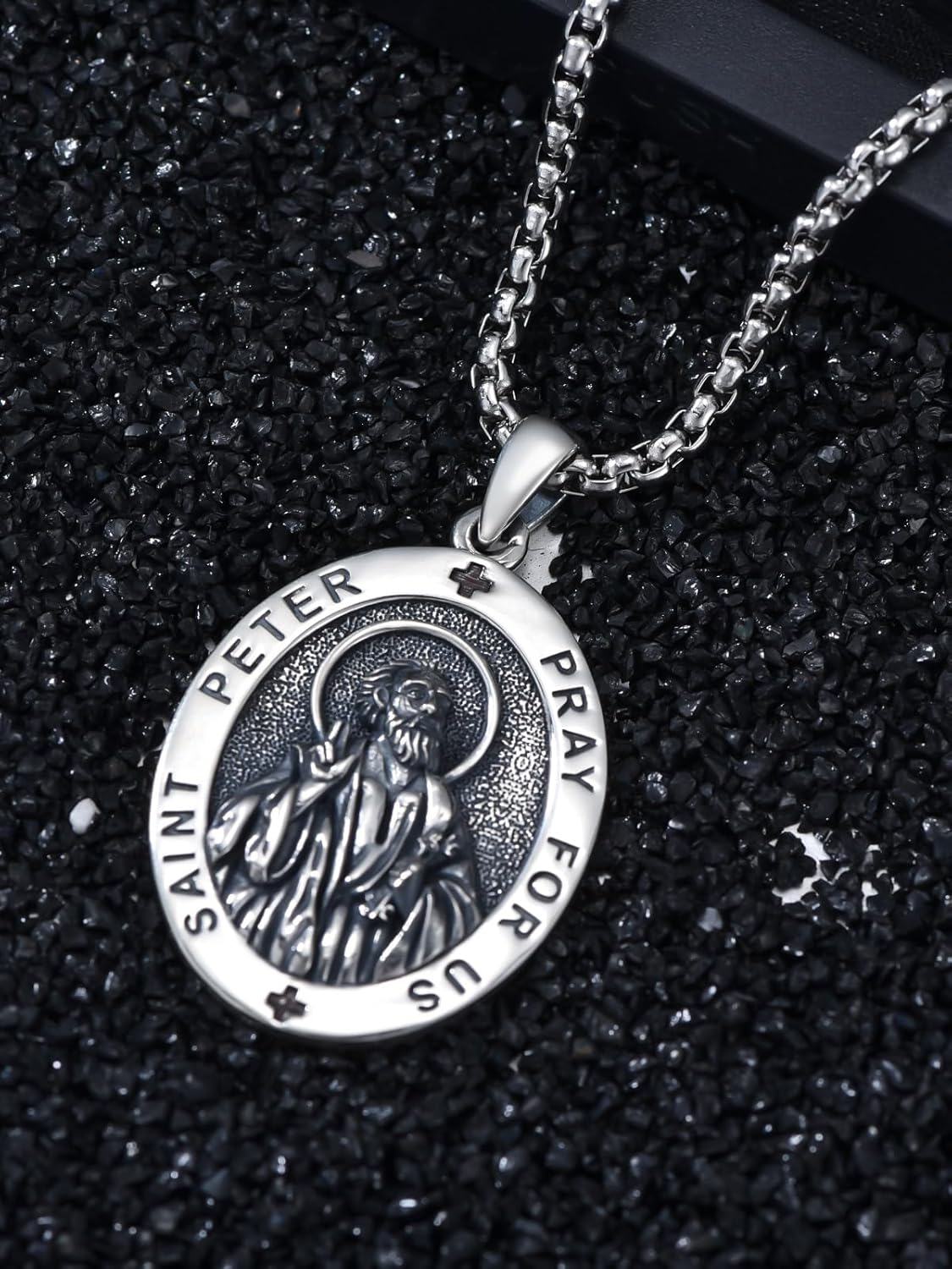 wholesale 925 Sterling Silver Stainless Steel Oval St Peter Prayer Pendant Necklace for Men & Women-0-3