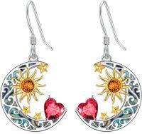 wholesale 925 Sterling Silver Heart Birthstone Sun Moon Dangle Drop Earrings for Women Mom-Ruby Jul.