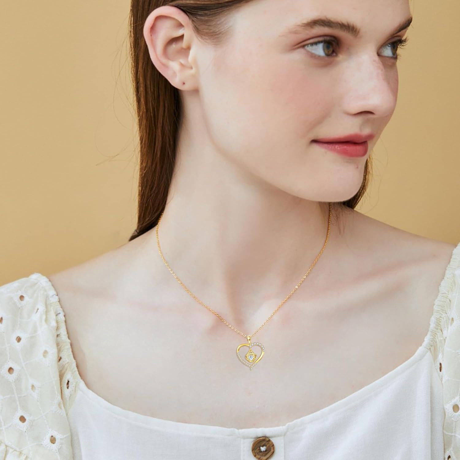 wholesale 14K Gold Heart Shaped Pendant Necklace with Cubic Zirconia and Knot Design - Valentines Day Gifts for Her-0-5