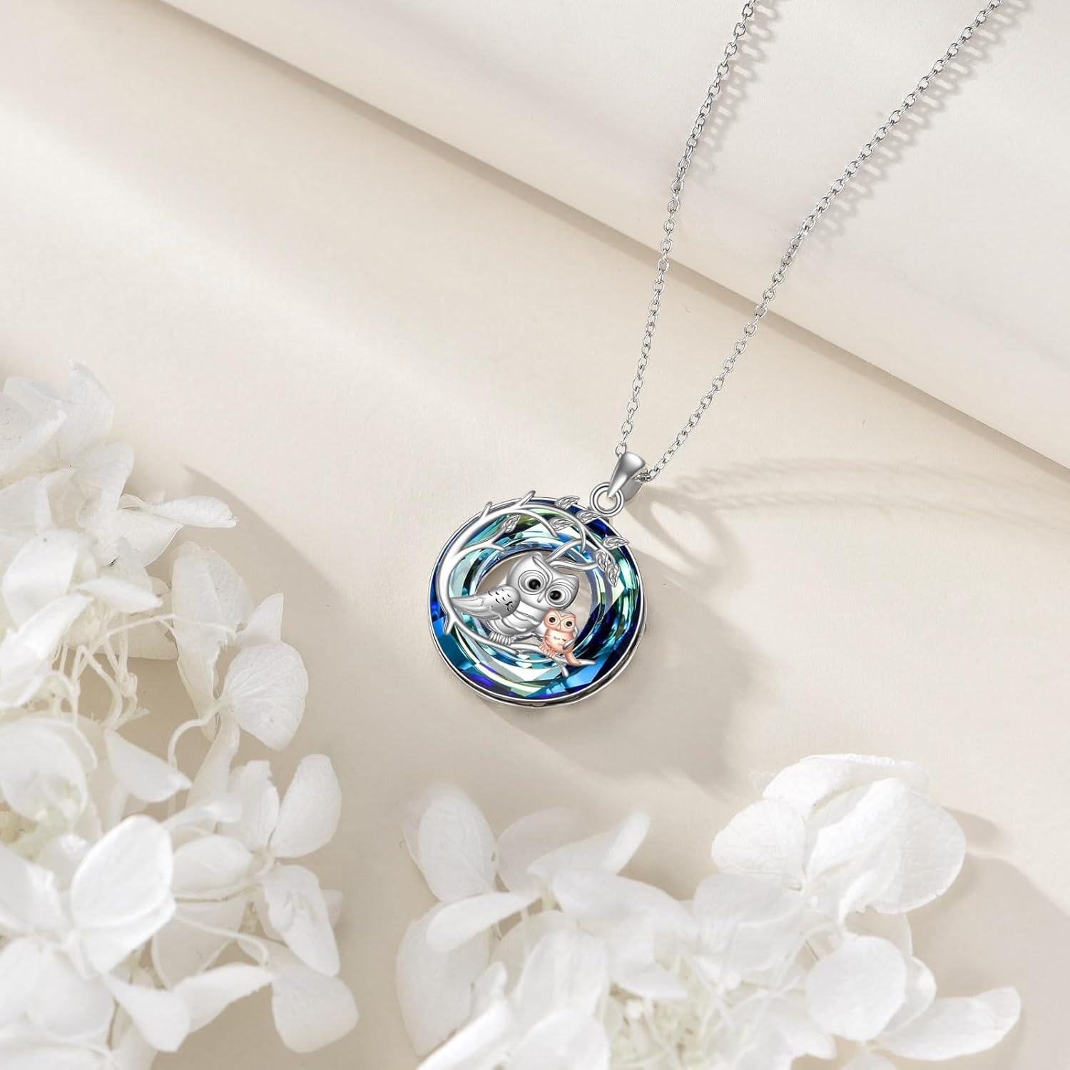 Sterling Silver Abalone Shell Blue Crystal Owl Necklace Pendant for Women Mum-0-1