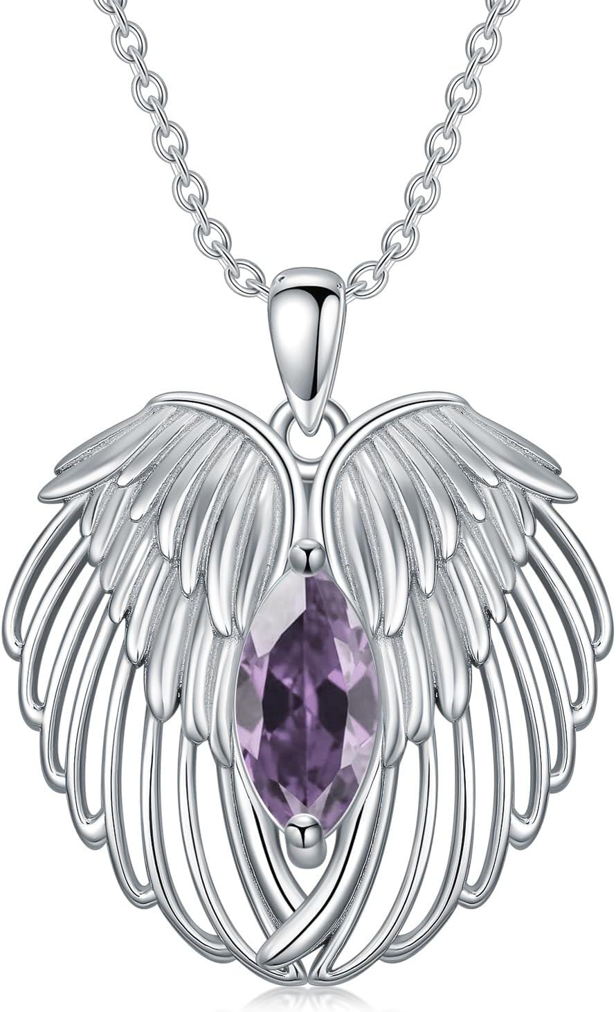  Sterling Silver Birthstone Angel Wings Necklace for Women -06-Alexandrite