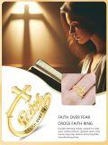 wholesale 925 Sterling Silver Gold Cross Faith & Hope Ring with 'Overcome Fear' Engraving, Adjustable Size 7-9, Religious Gift for Women-0-4