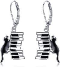 wholesale 925 Sterling Silver Black Cat on Books Dangle Drop Earrings Gift for Women-Piano Keys Cat