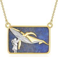wholesale 925 Sterling Silver and Gold Plated Lapis Lazuli Rectangular Whale Pendant Necklace-Whale01