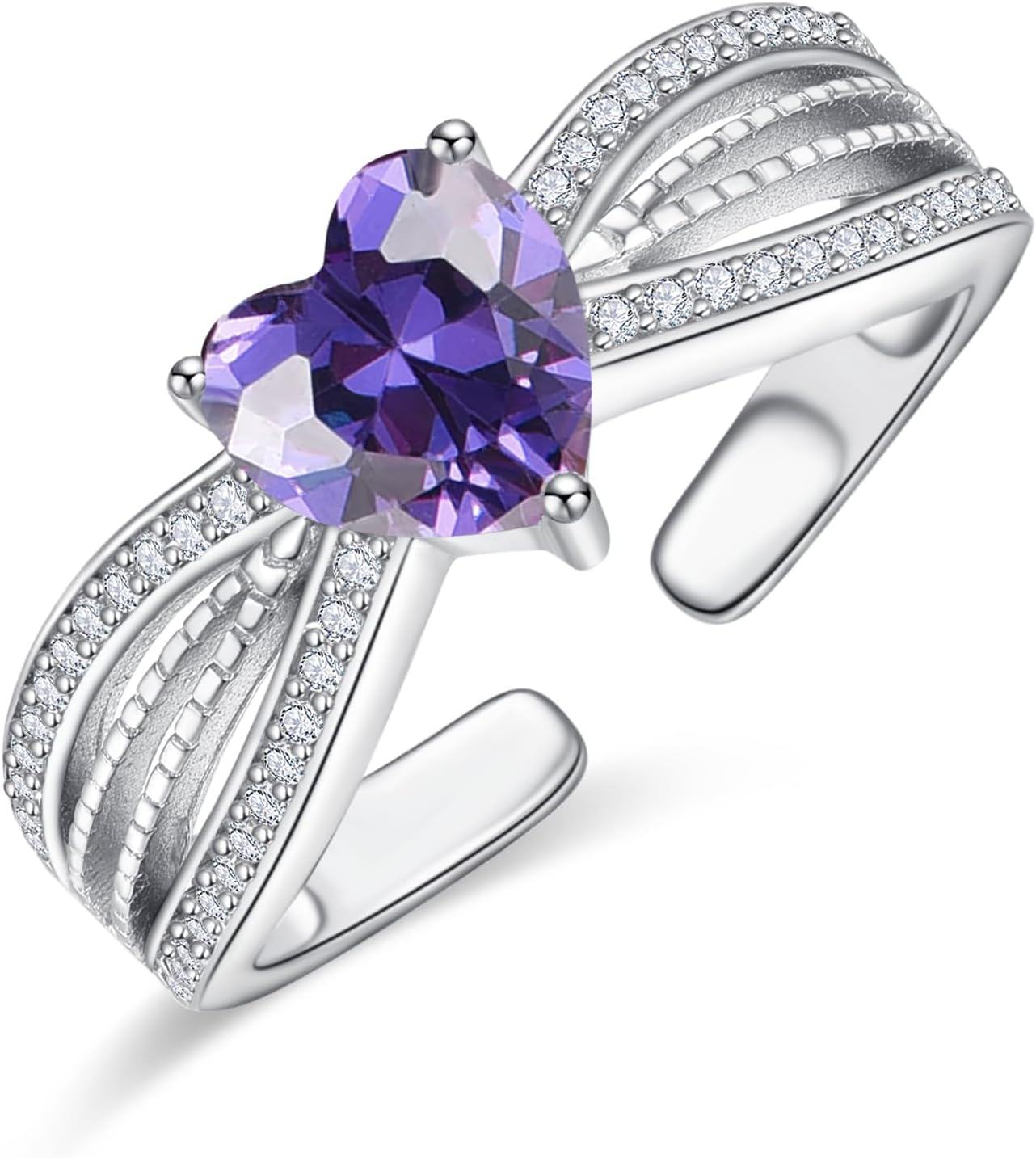 Sterling Silver CZ Heart Rings Adjustable Birthstone Jewelry Gift for Women Mom-February Birthstone