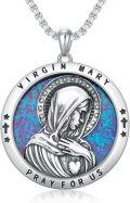 wholesale 925 Sterling Silver Virgin Mary Pray for Us Blue Opal Catholic Saint Medal Pendant Necklace-0-0