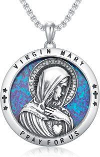 wholesale 925 Sterling Silver Virgin Mary Pray for Us Blue Opal Catholic Saint Medal Pendant Necklace-Virgin Mary