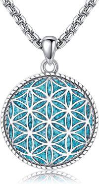 wholesale 925 Sterling Silver Round Flower of Life Blue Stone Pendant Necklaces for Women and Men-Flower of Life