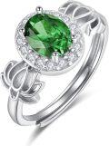 wholesale  S925 Sterling Silver with 1Ct Natural Emerald Lotus Flower Ring Adjustable Size for Women-0-0