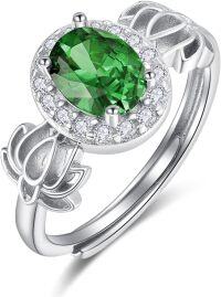 wholesale  S925 Sterling Silver with 1Ct Natural Emerald Lotus Flower Ring Adjustable Size for Women-05 May - Emerald