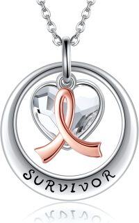 wholesale 925 Sterling Silver Heart-Shaped Pendant with Rose Gold Ribbon and Clear Crystal - Survivor Jewelry for Breast Cancer Awareness Gifts-white