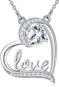 wholesale 925 Sterling Silver & White Gold Plated Moissanite Heart Pendant Necklace with Love Inscription - Perfect Gift for Mom or Wife on Mothers' Day and Christmas-LOVE