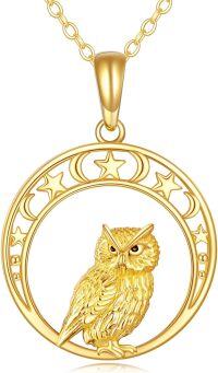wholesale 14K Gold Round Owl with Stars and Moons Pendant Necklace for Women - 16 Chain Length-01-Yellow Gold