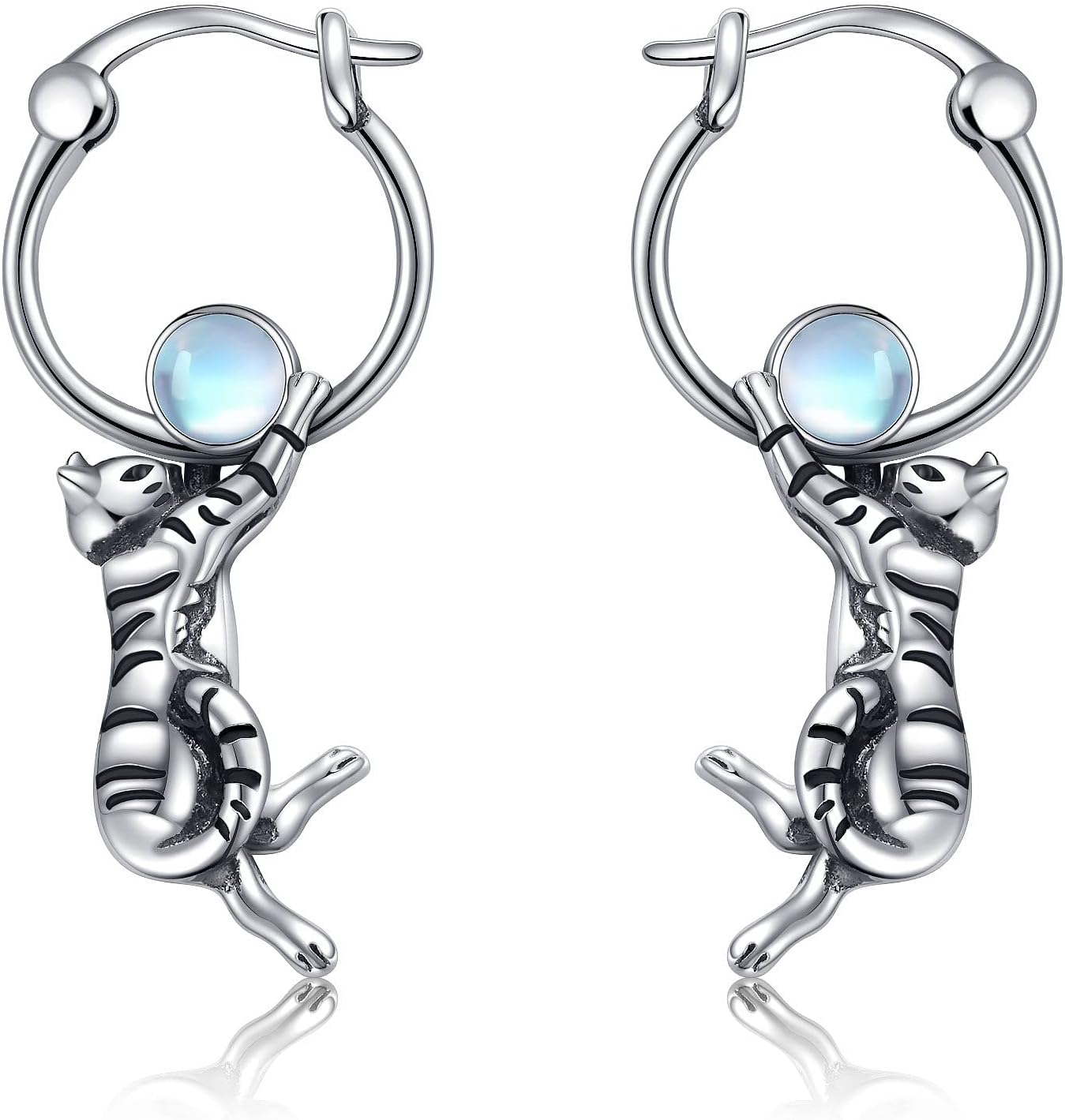 wholesale 925 Sterling Silver Moonstone Cat Hoop Earrings for Women Girls Mothers Day Gift Animal Jewelry 43mm Diameter-0-0