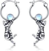 wholesale 925 Sterling Silver Moonstone Cat Hoop Earrings for Women Girls Mothers Day Gift Animal Jewelry 43mm Diameter-Cat