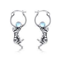 wholesale 925 Sterling Silver Moonstone Cat Hoop Earrings for Women Girls Mothers Day Gift Animal Jewelry 43mm Diameter-Cat