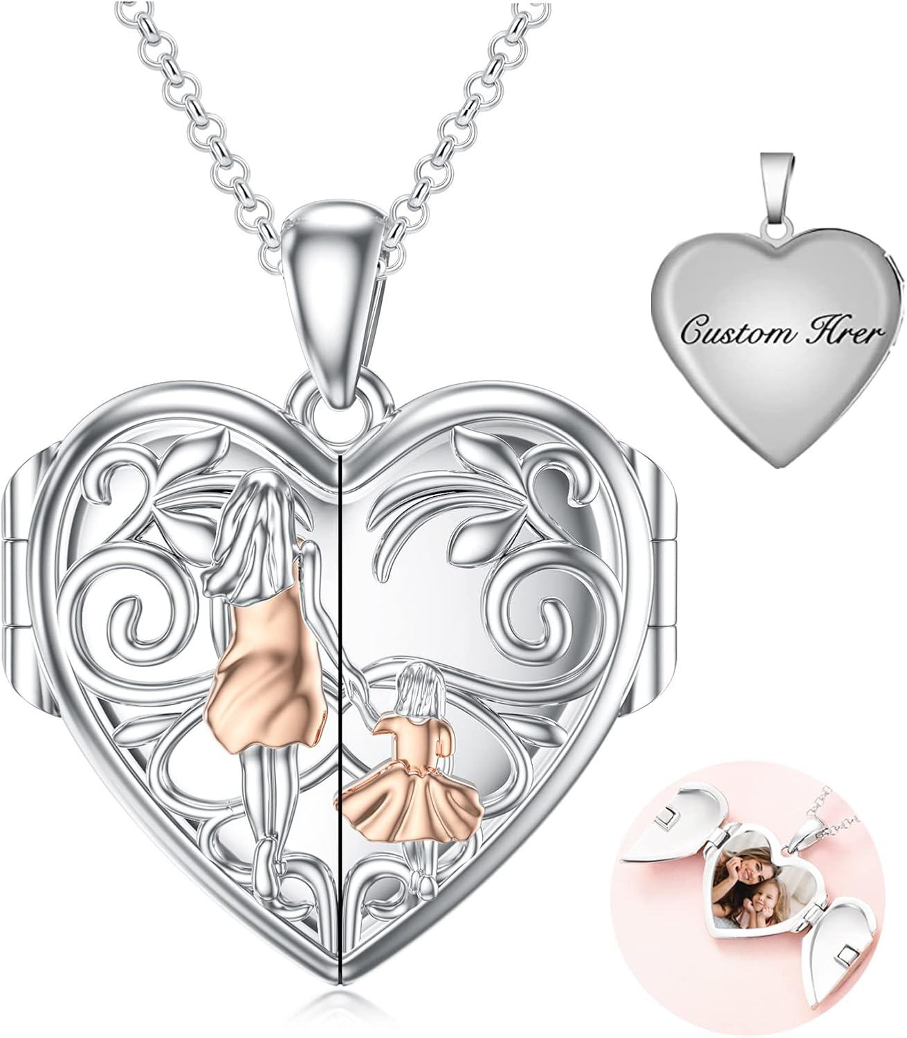 Sterling Silver Abalone Shell Daughter Locket Necklace Gift from Mom Dad-05-Mother Daughter Locket-2+ Photo-05-Mother Daughter Locket-2+ Photo+Text