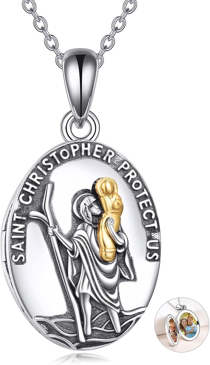 Sterling Silver Pokimi St Necklace for Women Men St Michael Benedict Christopher Protect Us Guardian Necklace-Saint Christopher Locket Necklace