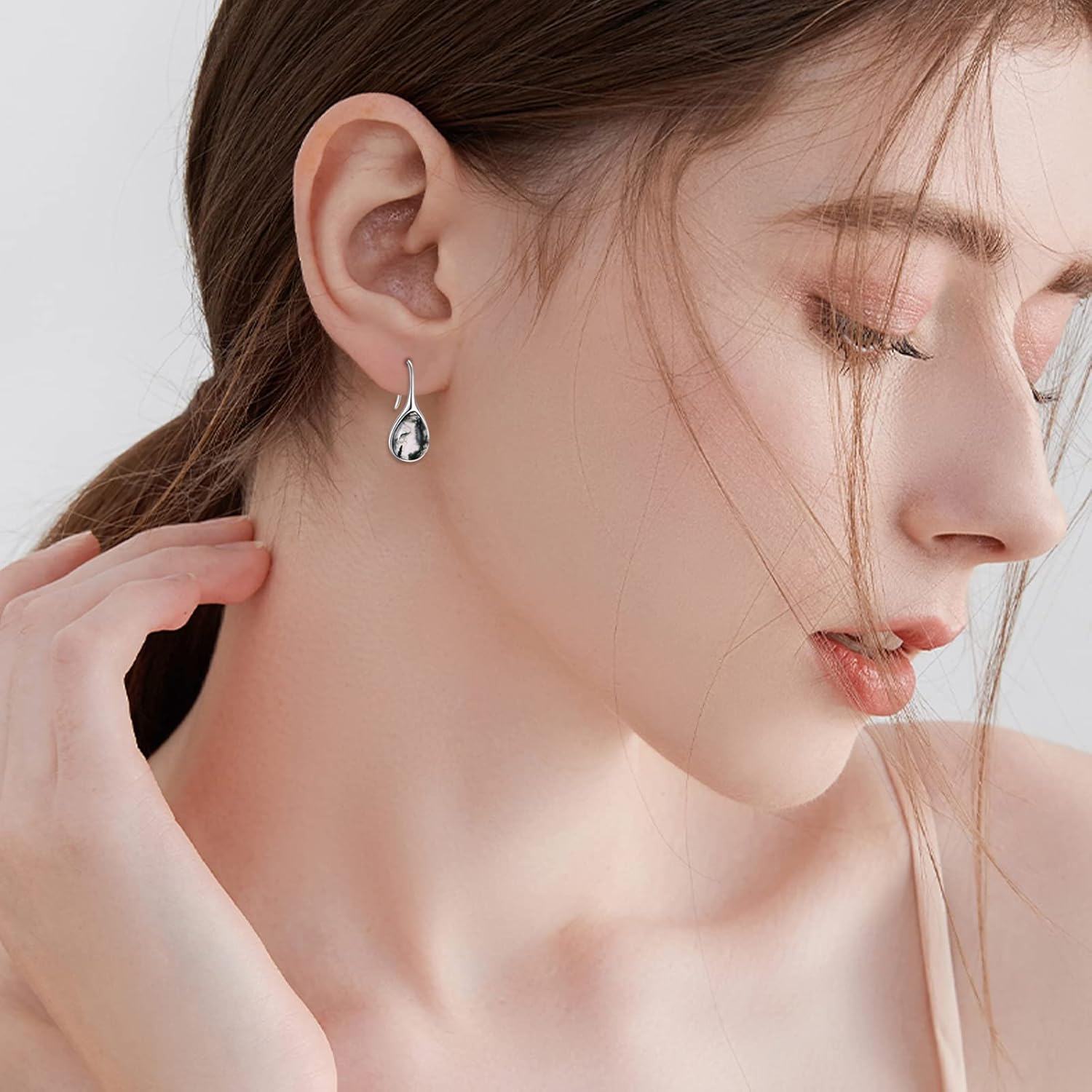 925 Sterling Silver Moss Agate Teardrop Threader Earrings for Women - Natural Stone Drop Dangles-0-1