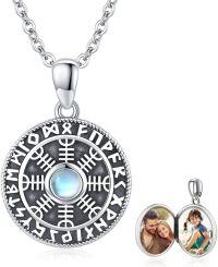 wholesale 925 Sterling Silver Moonstone Photo Lockets Pendant Norse Runes Jewelry for Women and Men-Viking Locket Necklace