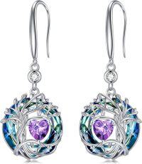 wholesale 925 Sterling Silver Austrian Crystal Tree of Life Birthstone Dangle Earrings for Women-02-Feb-Amethyst
