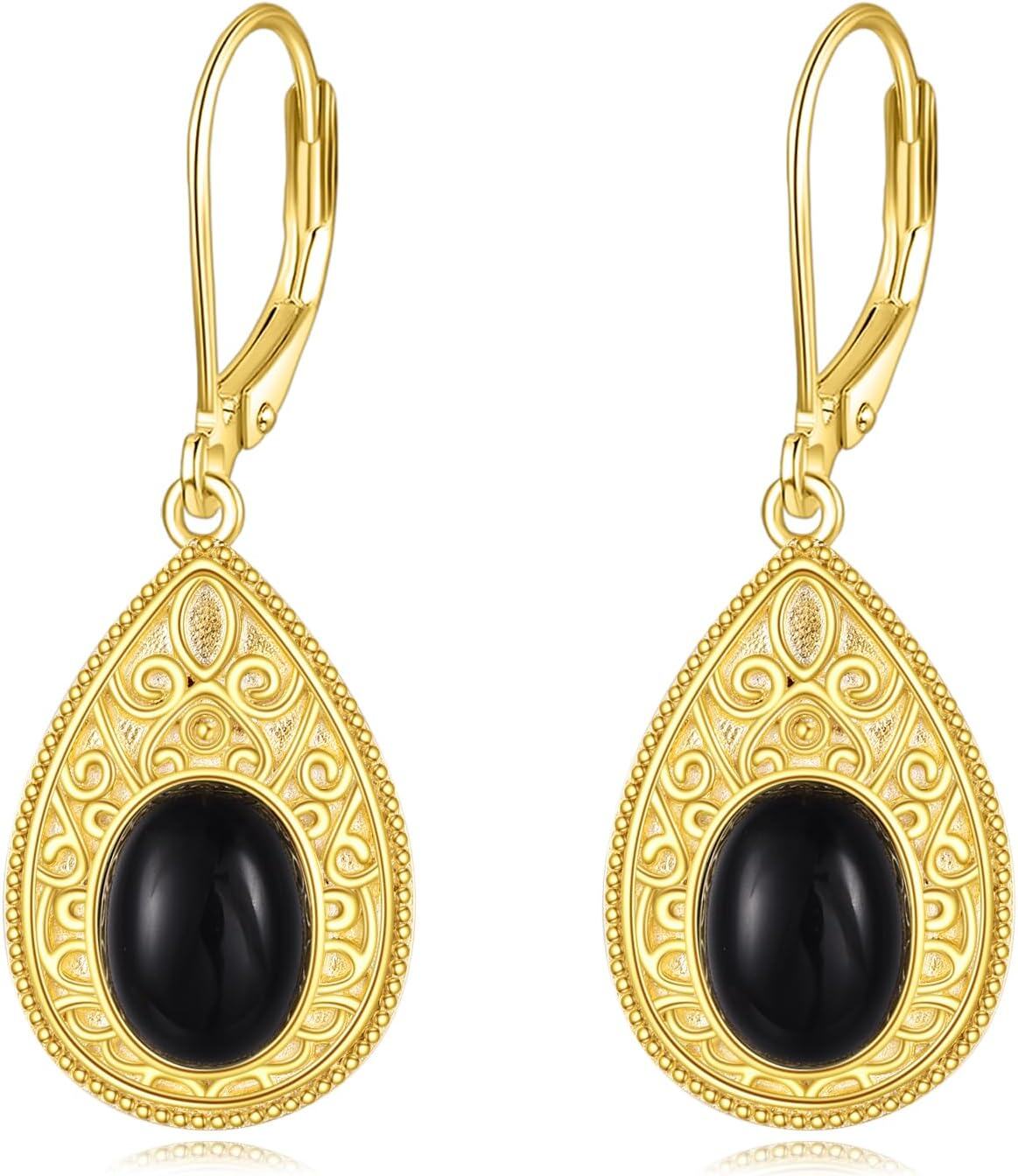 Sterling Silver Lapis Turquoise Onyx Agate Dangle Drop Leverback Earrings Western Boho Vintage Jewelry-Black Onyx