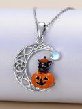 wholesale 925 Sterling Silver Halloween Pumpkin Black Cat Necklace with Blue Stone and Crescent Moon Design-0-2