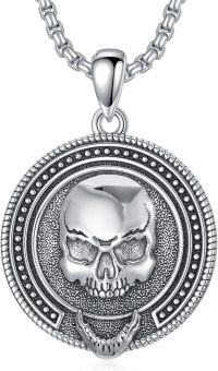 wholesale 925 Sterling Silver Skull Round Pendant Necklace with Chain for Men Women  45cm Length-Memento Mori