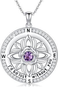 wholesale 925 Sterling Silver 12 Months Birthstone Compass Necklace for Women-02-February-Amethyst