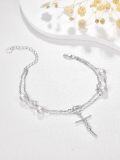 wholesale 925 Sterling Silver Metal Freshwater Pearl Faith Cross Bracelet for Women - Dainty Double Chain Christian-0-1